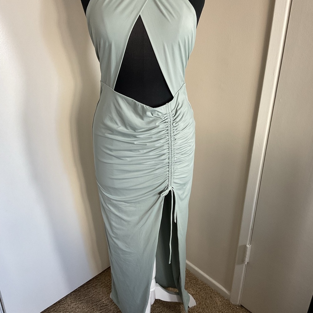 Babyboo Sage Green Cut-Out Halter Maxi Dress Ruched Slit Night Out Size L - Picture 5 of 9